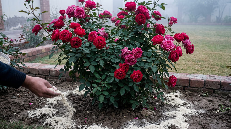 Hand scattering bone meal fertilizer around a red rose bush in full winter bloom in a Pakistani garden