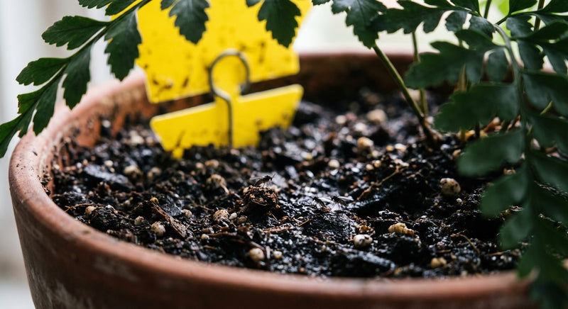 Fungus gnats on damp potting soil in a terracotta pot with a yellow sticky trap