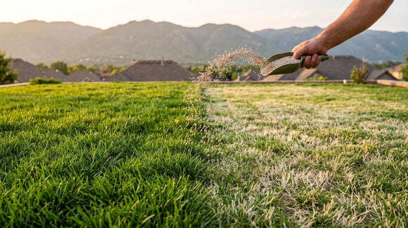 Hand broadcasting organic fertilizer onto a half-green, half-patchy Dhaka grass lawn in Pakistan