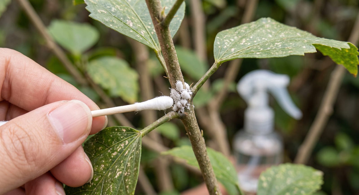 Removing mealybugs from a hibiscus stem with a cotton bud, neem spray bottle in the background