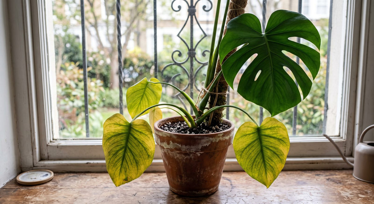 Monstera houseplant with yellowing lower leaves and green veins on a windowsill in Pakistan