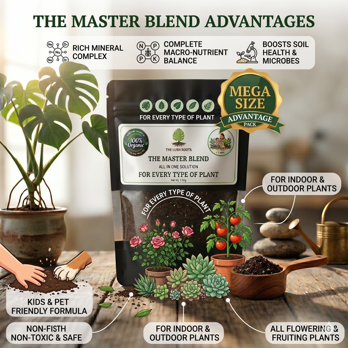 The Master Blend organic fertilizer applied to potted plant soil