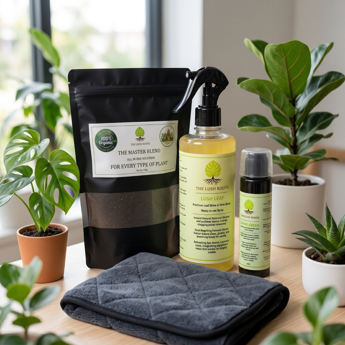 Indoor Plant Parent Kit with Lush Leaf spray, microfiber cloth, Rapid Green and Master Blend by Lush Roots
